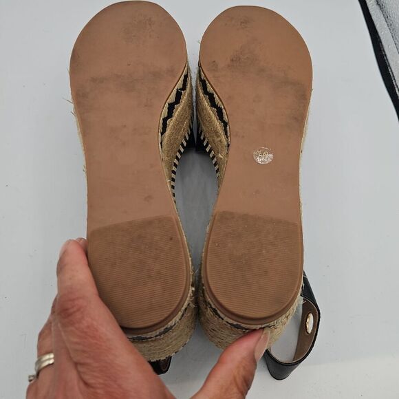 Tory Burch Black Espadrille Wedge Sandals Leather Jute Trim Size 10 - Picture 6 of 12
